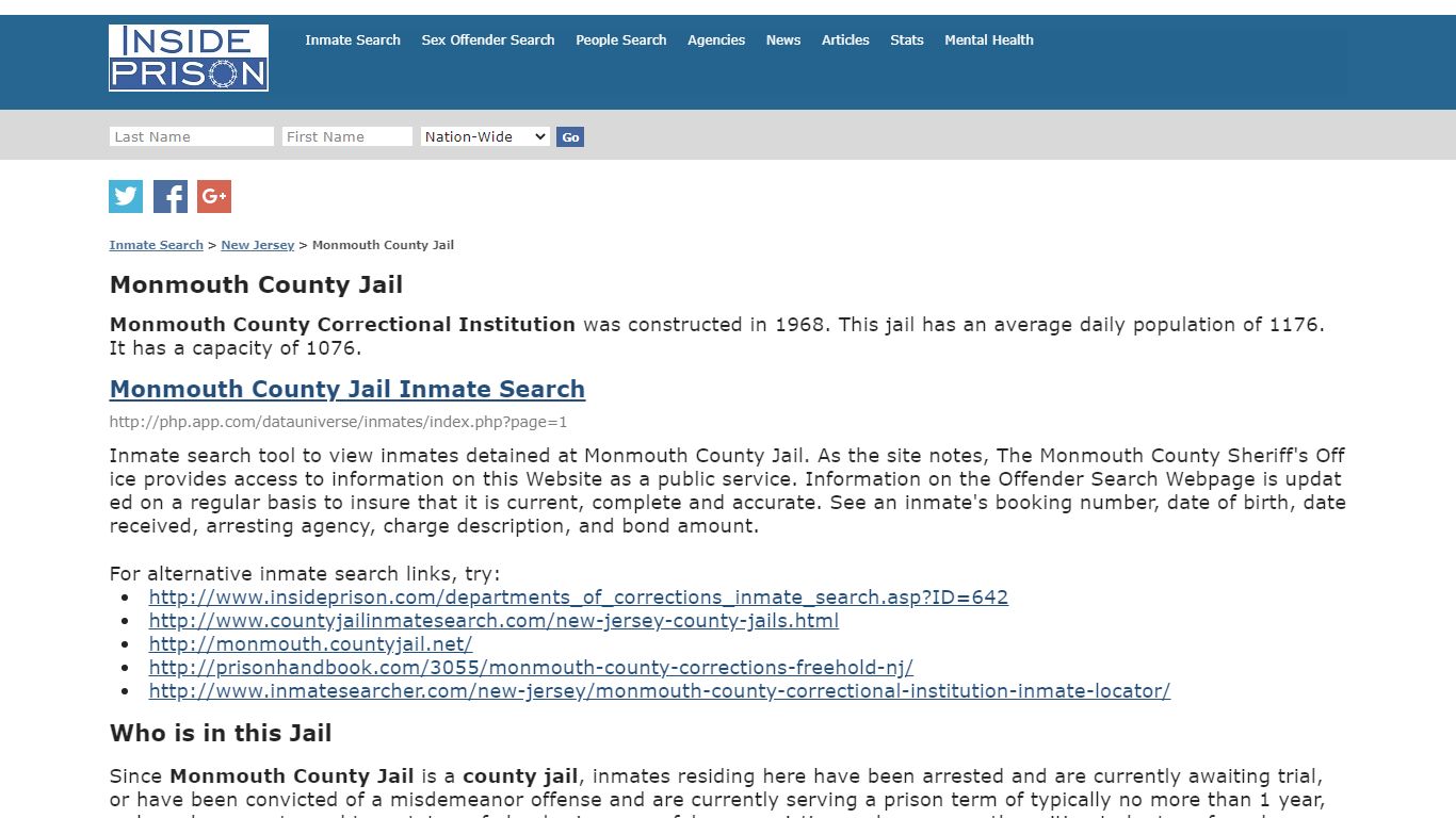 Monmouth County Jail - New Jersey - Inmate Search - Inside Prison